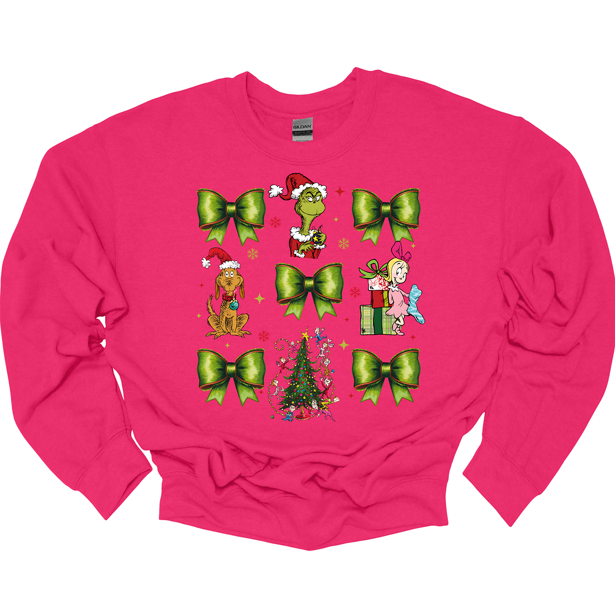 This whimsical apparel features a charming "Grinch Croquette" design with a playful 9-image grid, bringing the beloved characters and scenes from How the Grinch Stole Christmas to life. The grid showcases a combination of green bows, the mischievous Grinch, his loyal dog Max, and the sweet Cindy Lou Who, all set against the backdrop of the iconic whimsical Christmas tree.  Shop at Gorgeousware.com