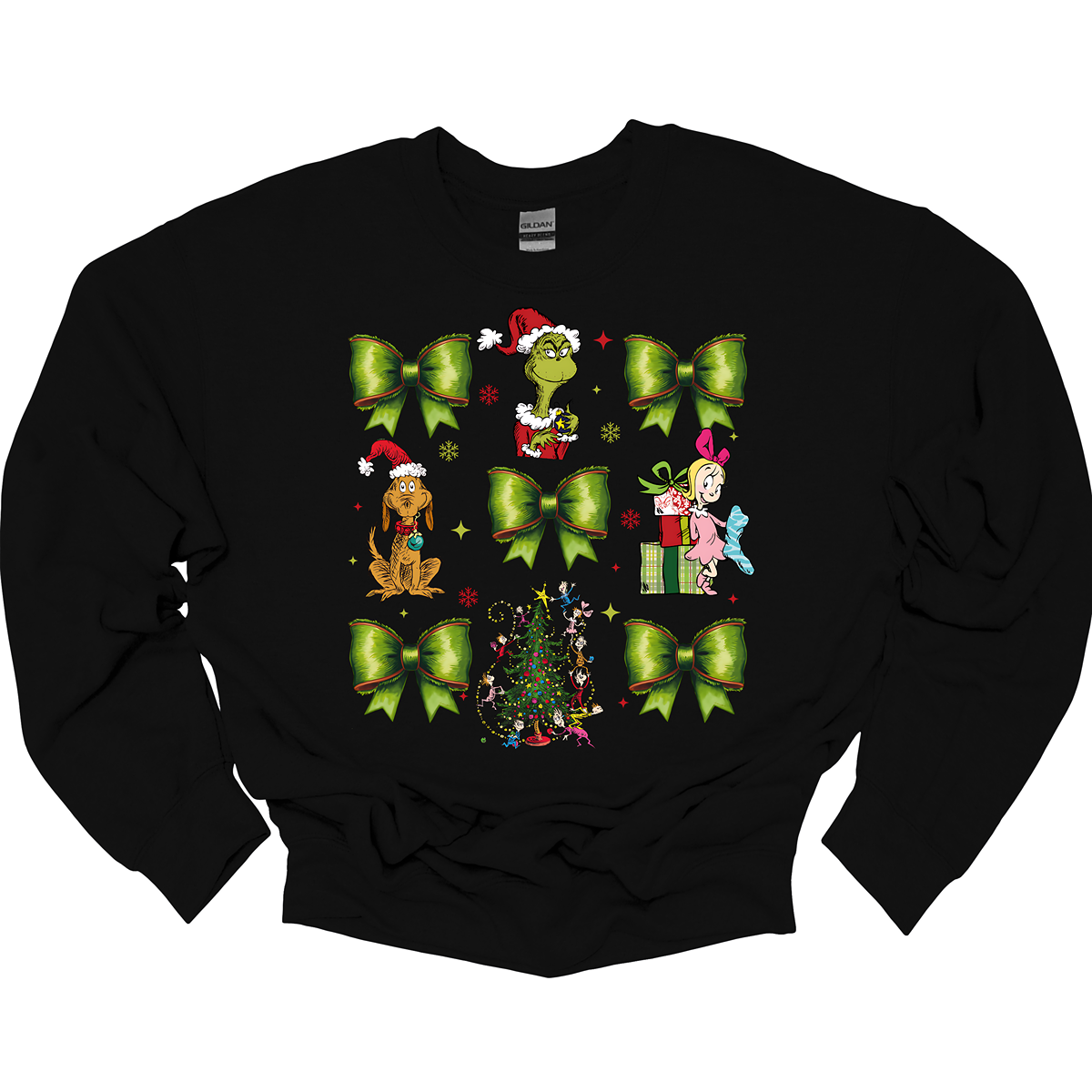 This whimsical apparel features a charming "Grinch Croquette" design with a playful 9-image grid, bringing the beloved characters and scenes from How the Grinch Stole Christmas to life. The grid showcases a combination of green bows, the mischievous Grinch, his loyal dog Max, and the sweet Cindy Lou Who, all set against the backdrop of the iconic whimsical Christmas tree.  Shop at Gorgeousware.com