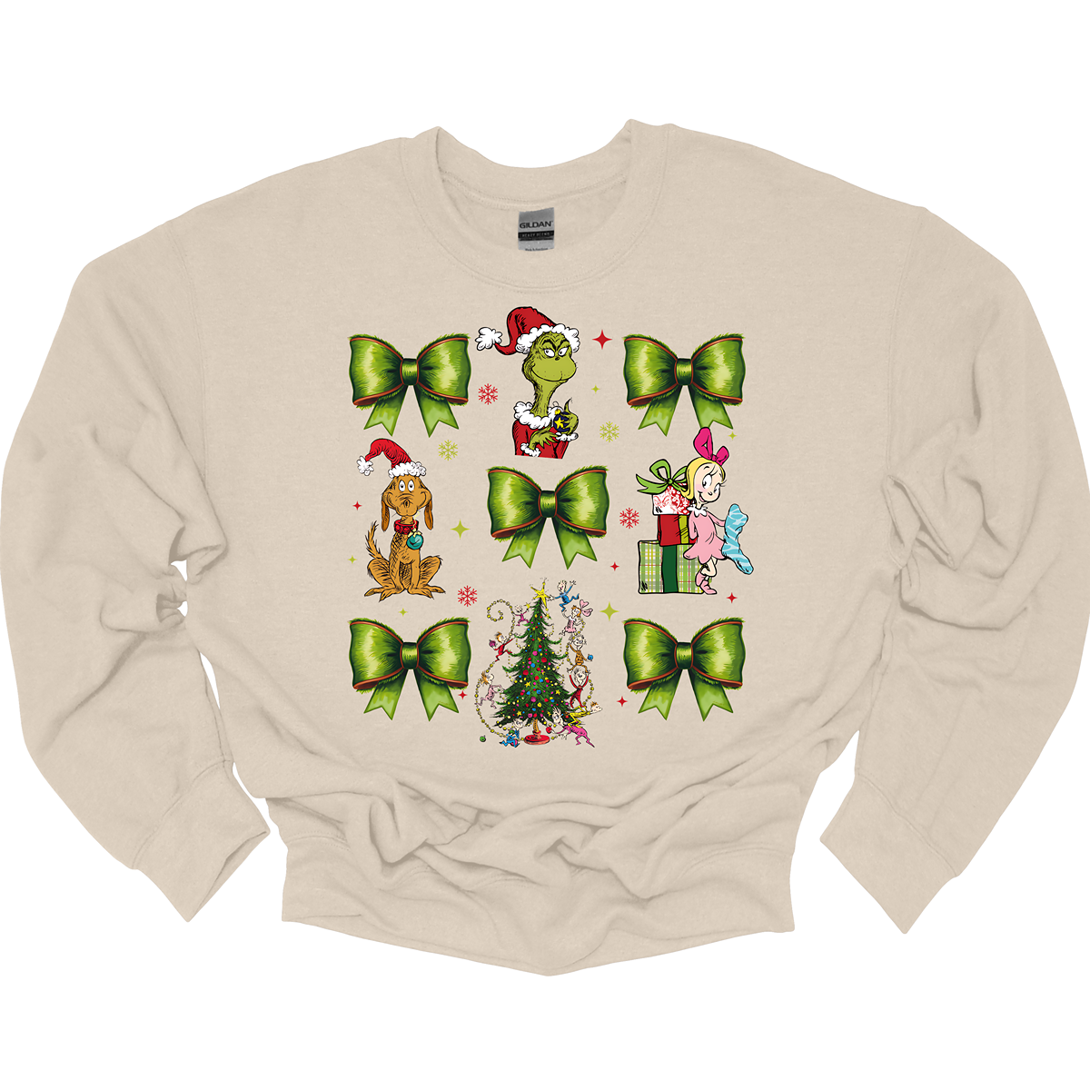 This whimsical apparel features a charming "Grinch Croquette" design with a playful 9-image grid, bringing the beloved characters and scenes from How the Grinch Stole Christmas to life. The grid showcases a combination of green bows, the mischievous Grinch, his loyal dog Max, and the sweet Cindy Lou Who, all set against the backdrop of the iconic whimsical Christmas tree.  Shop at Gorgeousware.com