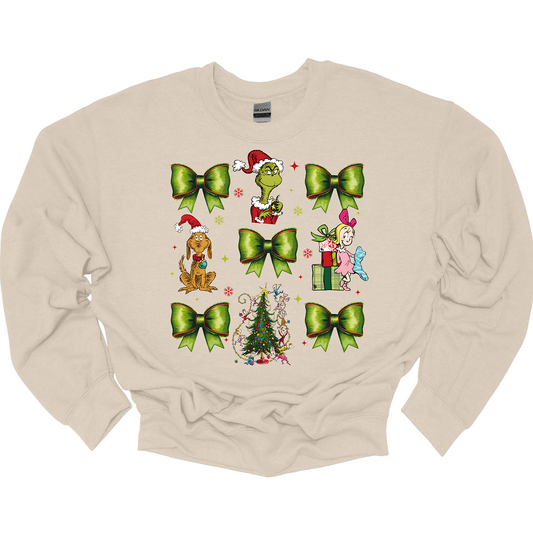 This whimsical apparel features a charming "Grinch Croquette" design with a playful 9-image grid, bringing the beloved characters and scenes from How the Grinch Stole Christmas to life. The grid showcases a combination of green bows, the mischievous Grinch, his loyal dog Max, and the sweet Cindy Lou Who, all set against the backdrop of the iconic whimsical Christmas tree.  Shop at Gorgeousware.com