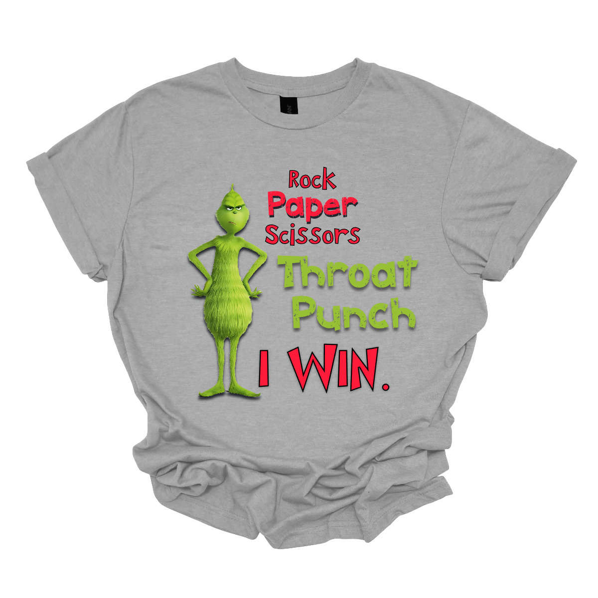 Who needs traditional moves when you can go straight for the throat punch? With our “Rock, Paper, Scissors, Throat Punch... I Win” t-shirt, featuring the mischievous new Grinch, you’ll show everyone that you’ve got the ultimate winning strategy. Perfect for those moments when words just won’t do, this shirt combines humor with a touch of Grinchy attitude. Shop at Gorgeousware.com