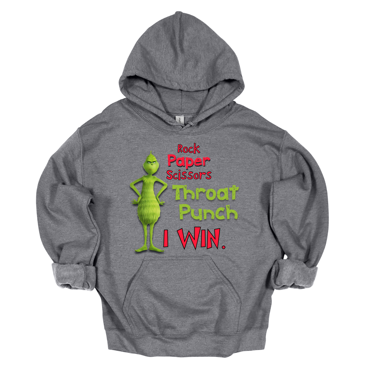 Who needs traditional moves when you can go straight for the throat punch? With our “Rock, Paper, Scissors, Throat Punch... I Win” t-shirt, featuring the mischievous new Grinch, you’ll show everyone that you’ve got the ultimate winning strategy. Perfect for those moments when words just won’t do, this shirt combines humor with a touch of Grinchy attitude. Shop at Gorgeousware.com