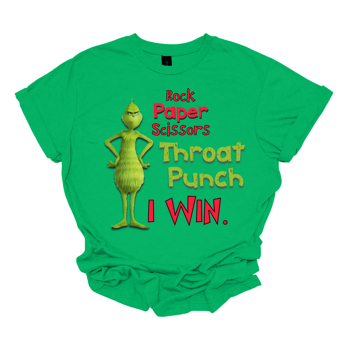 Who needs traditional moves when you can go straight for the throat punch? With our “Rock, Paper, Scissors, Throat Punch... I Win” t-shirt, featuring the mischievous new Grinch, you’ll show everyone that you’ve got the ultimate winning strategy. Perfect for those moments when words just won’t do, this shirt combines humor with a touch of Grinchy attitude. Shop at Gorgeousware.com