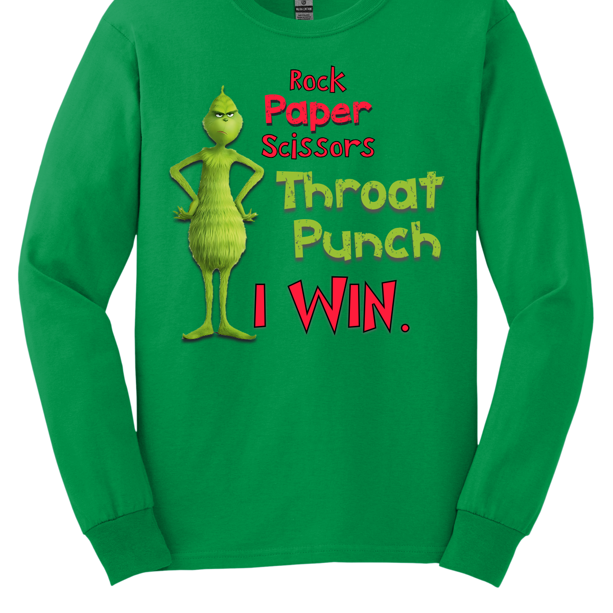 Who needs traditional moves when you can go straight for the throat punch? With our “Rock, Paper, Scissors, Throat Punch... I Win” t-shirt, featuring the mischievous new Grinch, you’ll show everyone that you’ve got the ultimate winning strategy. Perfect for those moments when words just won’t do, this shirt combines humor with a touch of Grinchy attitude. Shop at Gorgeousware.com