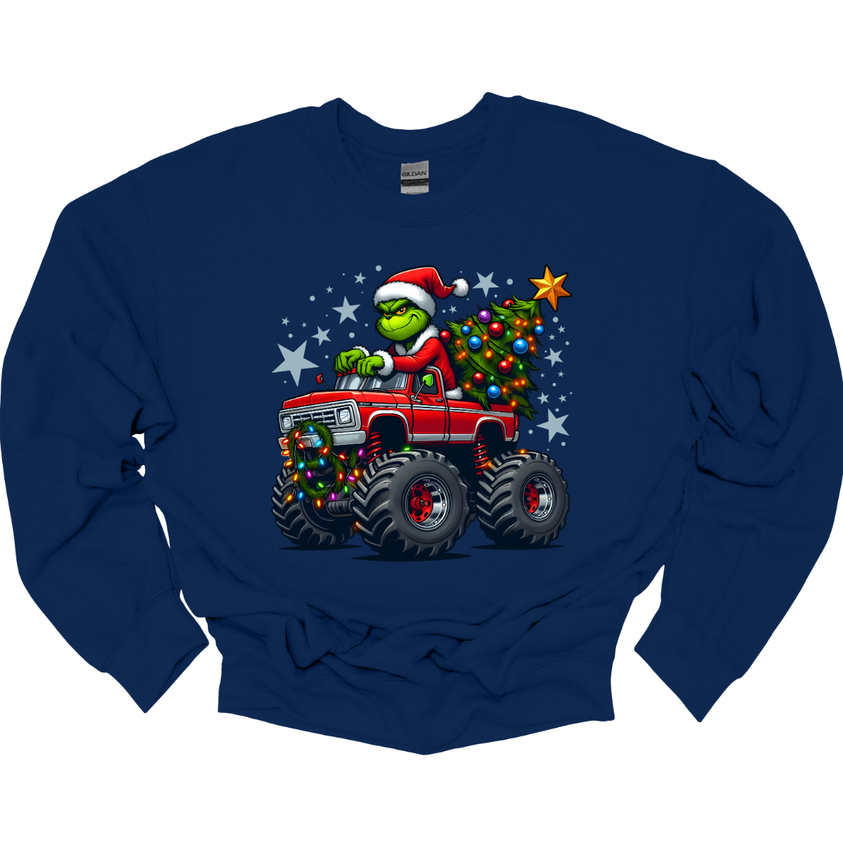 Navy blue sweatshirt with a graphic of a monster truck carrying a Christmas tree and the Grinch, on a white background.