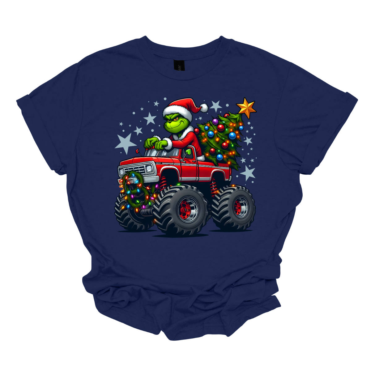 Navy blue t-shirt with a graphic of the grinch driving a truck that is hauling a Christmas tree, on a white background. Shop at Gorgeousware.com