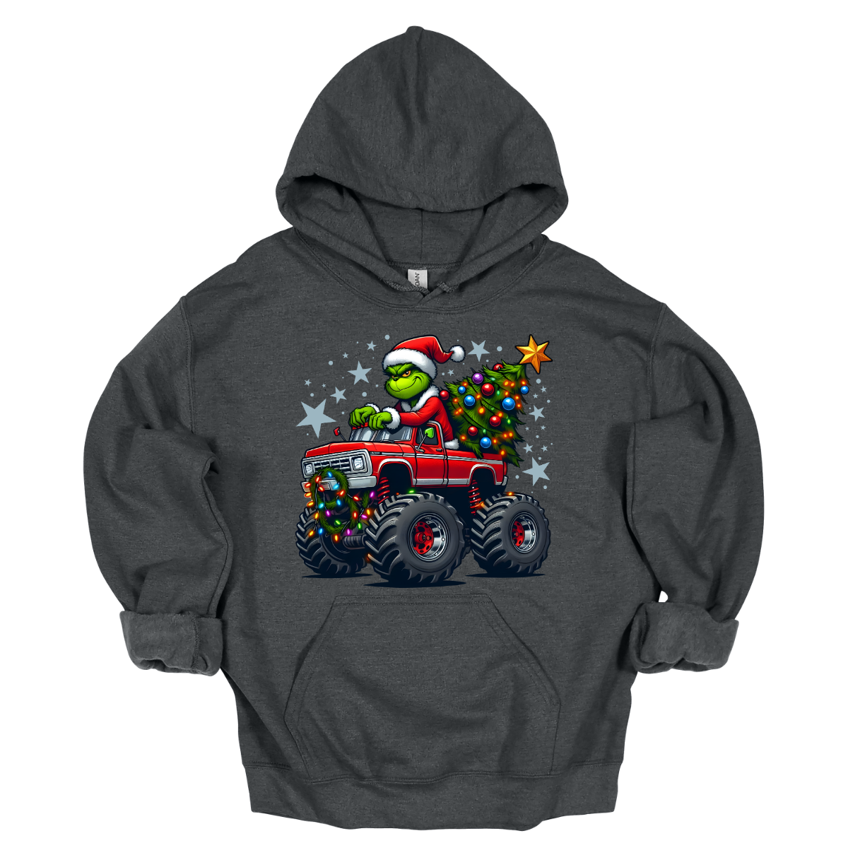 Military Green hoodie with a graphic of a character driving a monster truck with Christmas decorations on a white background. Shop at Gorgeousware.com