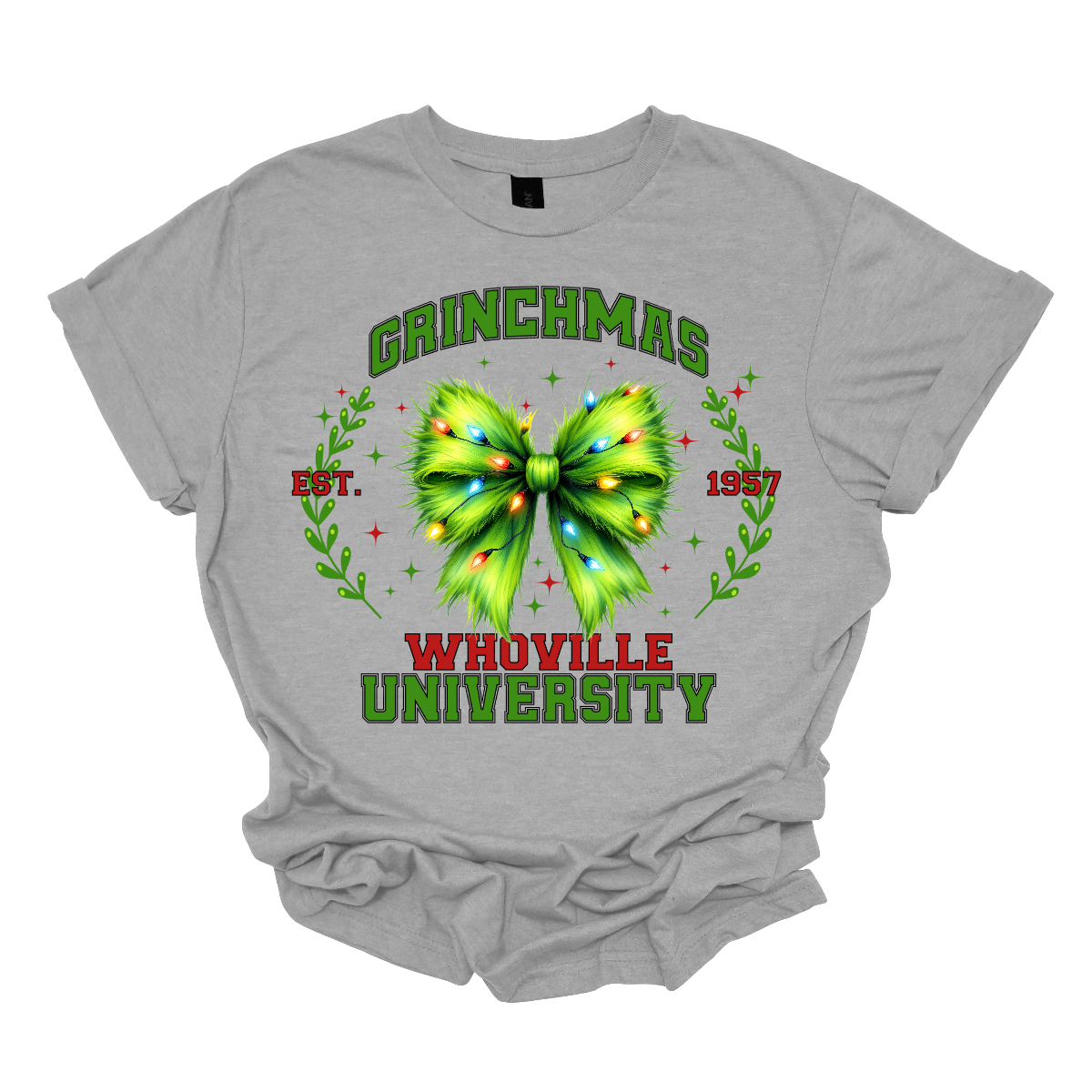 This festive apparel features the bold, collegiate-style lettering of "Grinch Whoville University" across the chest, giving it a spirited, school pride look. At the center of the design, a vibrant green Grinch-inspired croquet bow adds a playful touch, adorned with colorful Christmas lights, making the outfit perfect for the holiday season. Shop at Gorgeousware.com