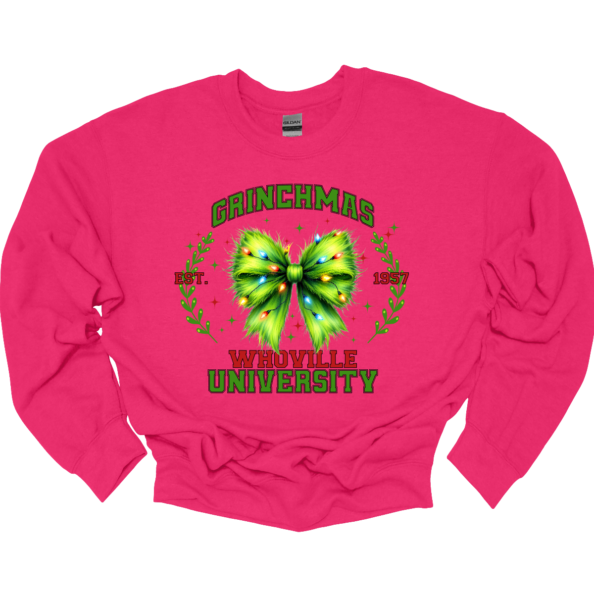 This festive apparel features the bold, collegiate-style lettering of "Grinch Whoville University" across the chest, giving it a spirited, school pride look. At the center of the design, a vibrant green Grinch-inspired croquet bow adds a playful touch, adorned with colorful Christmas lights, making the outfit perfect for the holiday season. Shop at Gorgeousware.com