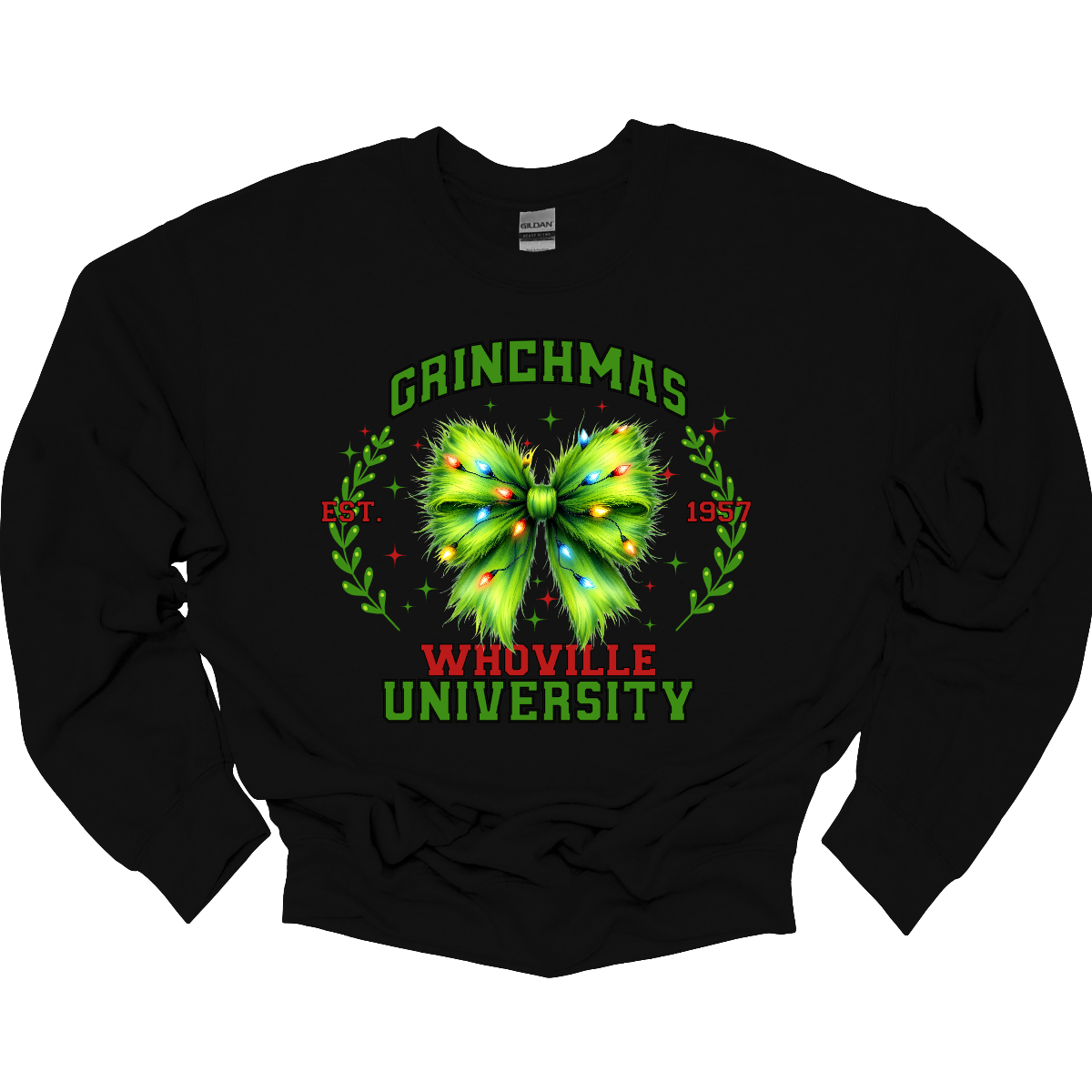 This festive apparel features the bold, collegiate-style lettering of "Grinch Whoville University" across the chest, giving it a spirited, school pride look. At the center of the design, a vibrant green Grinch-inspired croquet bow adds a playful touch, adorned with colorful Christmas lights, making the outfit perfect for the holiday season. Shop at Gorgeousware.com