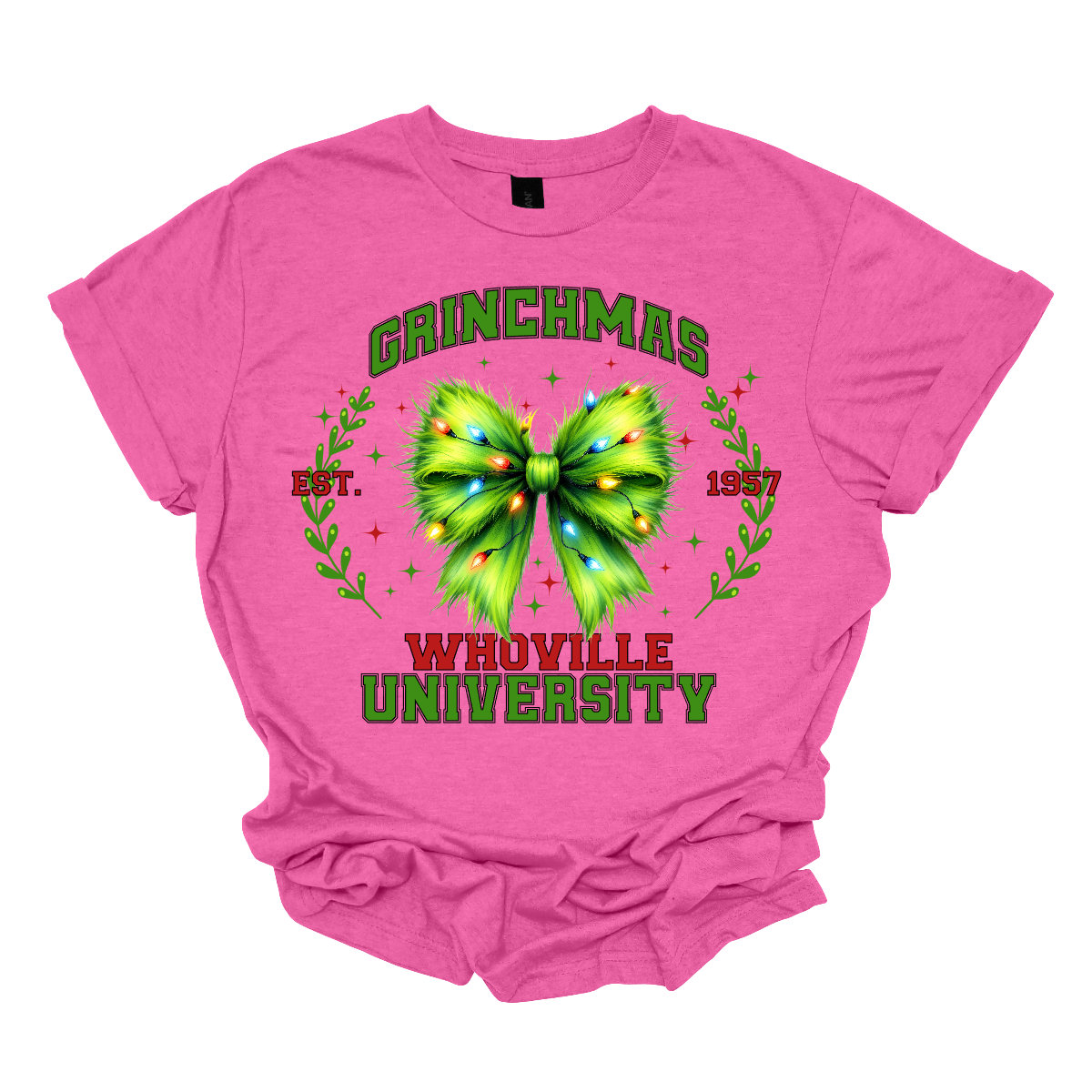 This festive apparel features the bold, collegiate-style lettering of "Grinch Whoville University" across the chest, giving it a spirited, school pride look. At the center of the design, a vibrant green Grinch-inspired croquet bow adds a playful touch, adorned with colorful Christmas lights, making the outfit perfect for the holiday season. Shop at Gorgeousware.com