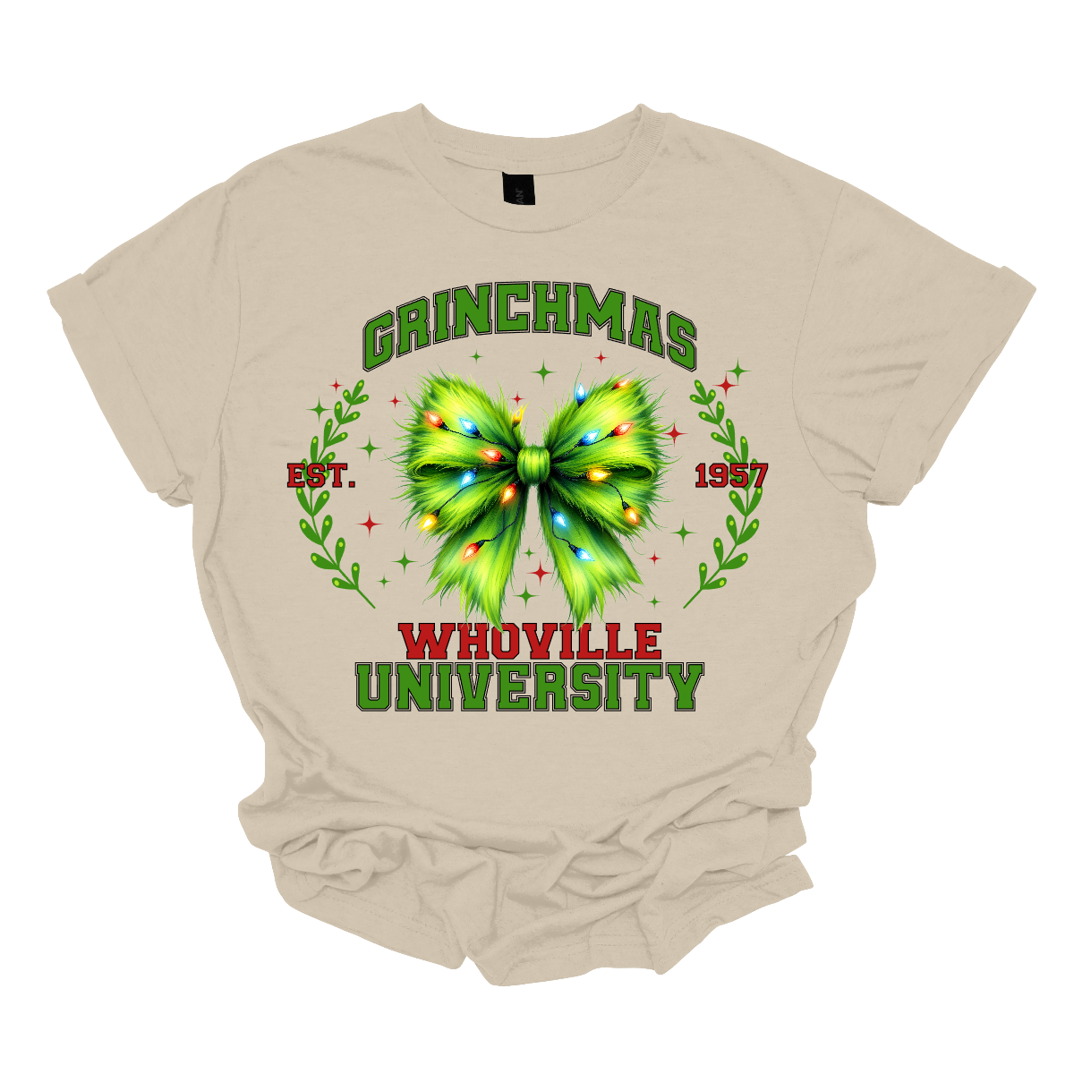 This festive apparel features the bold, collegiate-style lettering of "Grinch Whoville University" across the chest, giving it a spirited, school pride look. At the center of the design, a vibrant green Grinch-inspired croquet bow adds a playful touch, adorned with colorful Christmas lights, making the outfit perfect for the holiday season. Shop at Gorgeousware.com