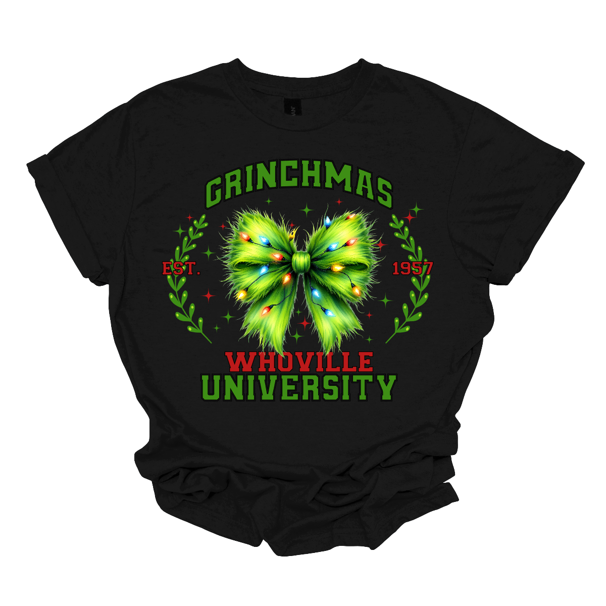 This festive apparel features the bold, collegiate-style lettering of "Grinch Whoville University" across the chest, giving it a spirited, school pride look. At the center of the design, a vibrant green Grinch-inspired croquet bow adds a playful touch, adorned with colorful Christmas lights, making the outfit perfect for the holiday season. Shop at Gorgeousware.com