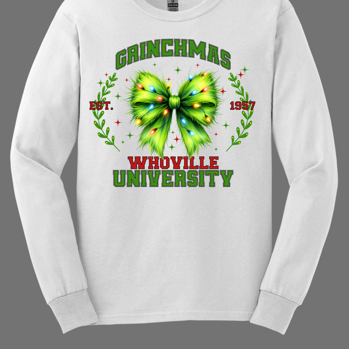 This festive apparel features the bold, collegiate-style lettering of "Grinch Whoville University" across the chest, giving it a spirited, school pride look. At the center of the design, a vibrant green Grinch-inspired croquet bow adds a playful touch, adorned with colorful Christmas lights, making the outfit perfect for the holiday season. Shop at Gorgeousware.com