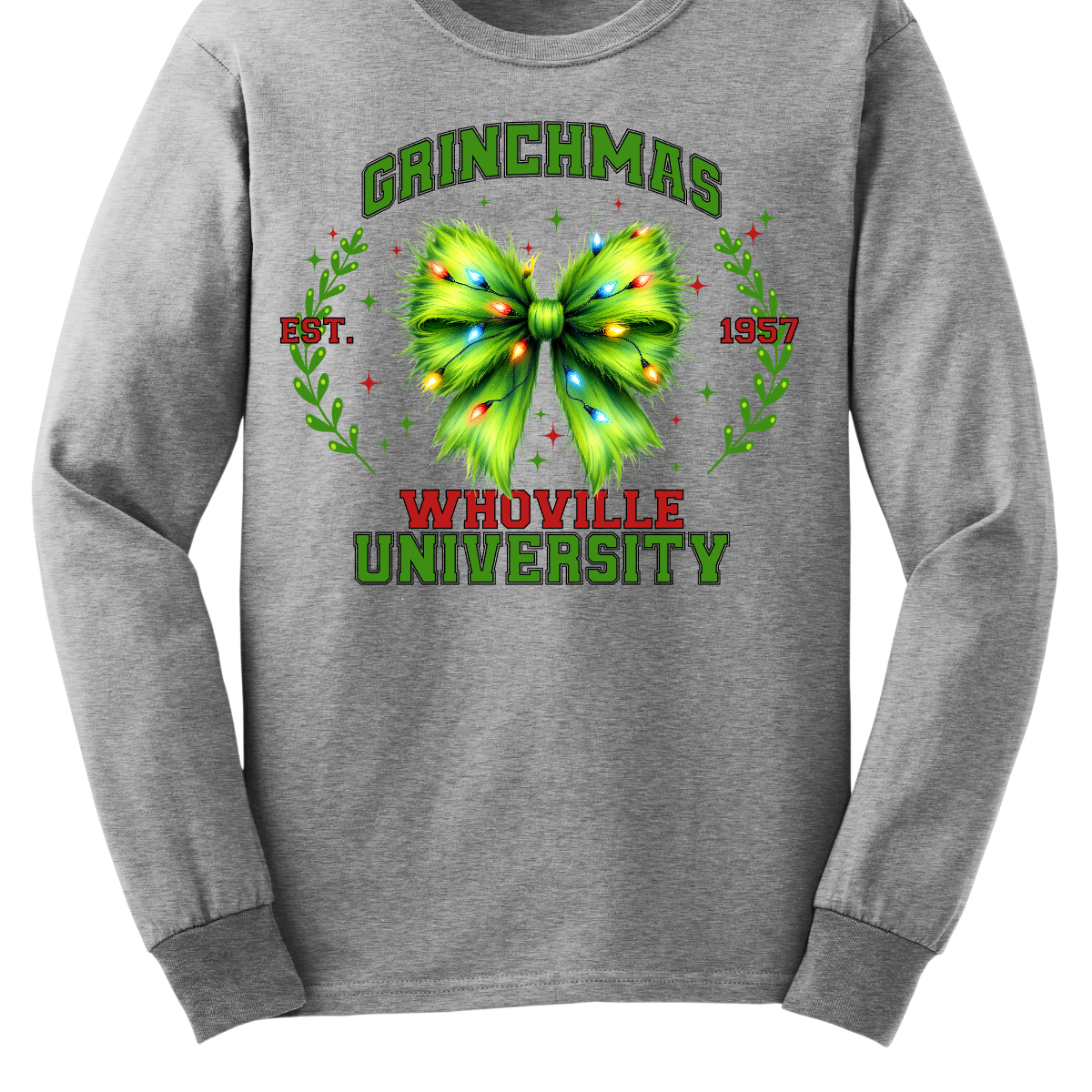 This festive apparel features the bold, collegiate-style lettering of "Grinch Whoville University" across the chest, giving it a spirited, school pride look. At the center of the design, a vibrant green Grinch-inspired croquet bow adds a playful touch, adorned with colorful Christmas lights, making the outfit perfect for the holiday season. Shop at Gorgeousware.com