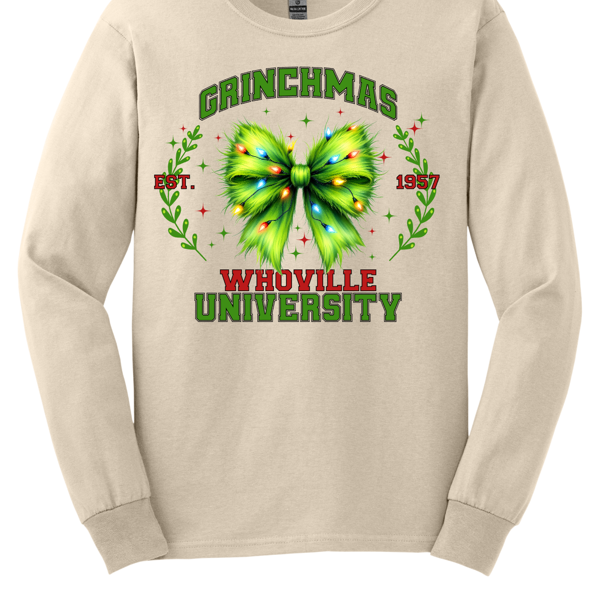 This festive apparel features the bold, collegiate-style lettering of "Grinch Whoville University" across the chest, giving it a spirited, school pride look. At the center of the design, a vibrant green Grinch-inspired croquet bow adds a playful touch, adorned with colorful Christmas lights, making the outfit perfect for the holiday season. Shop at Gorgeousware.com