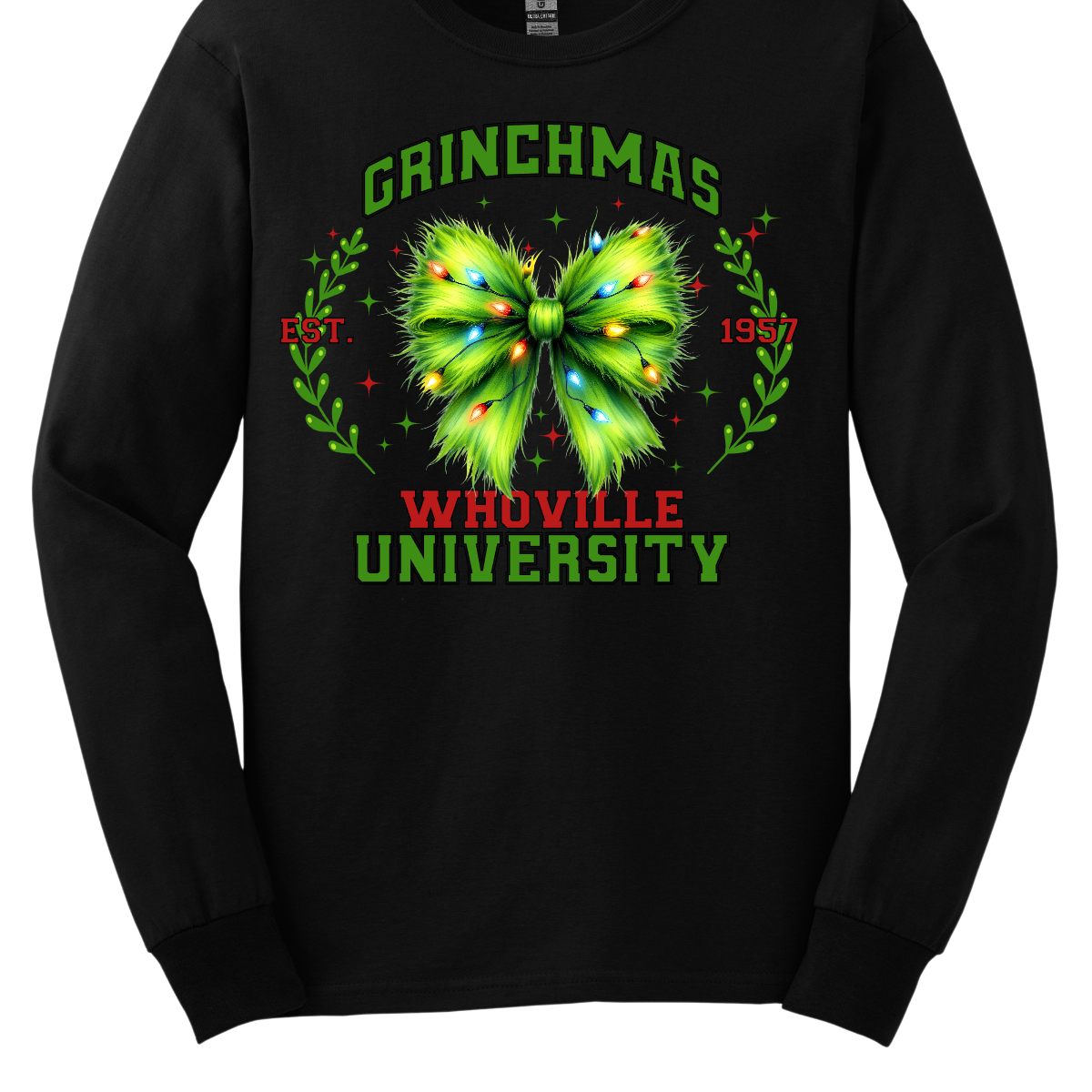 This festive apparel features the bold, collegiate-style lettering of "Grinch Whoville University" across the chest, giving it a spirited, school pride look. At the center of the design, a vibrant green Grinch-inspired croquet bow adds a playful touch, adorned with colorful Christmas lights, making the outfit perfect for the holiday season. Shop at Gorgeousware.com