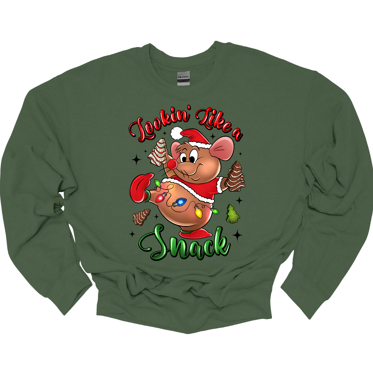 Military green crewneck sweatshirt with a cartoon mouse, Gus Gus, holding a Christmas snack and text 'Lookin' Like a Snack' on a white background. Shop at Gorgeousware.com