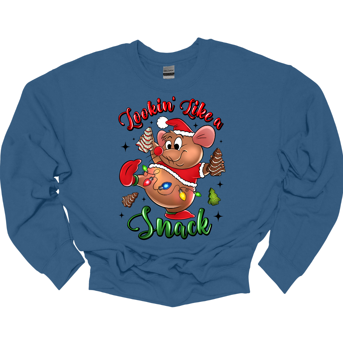 Blue crewneck sweatshirt with a cartoon mouse, Gus Gus, holding a Christmas snack and text 'Lookin' Like a Snack' on a white background. Shop at Gorgeousware.com