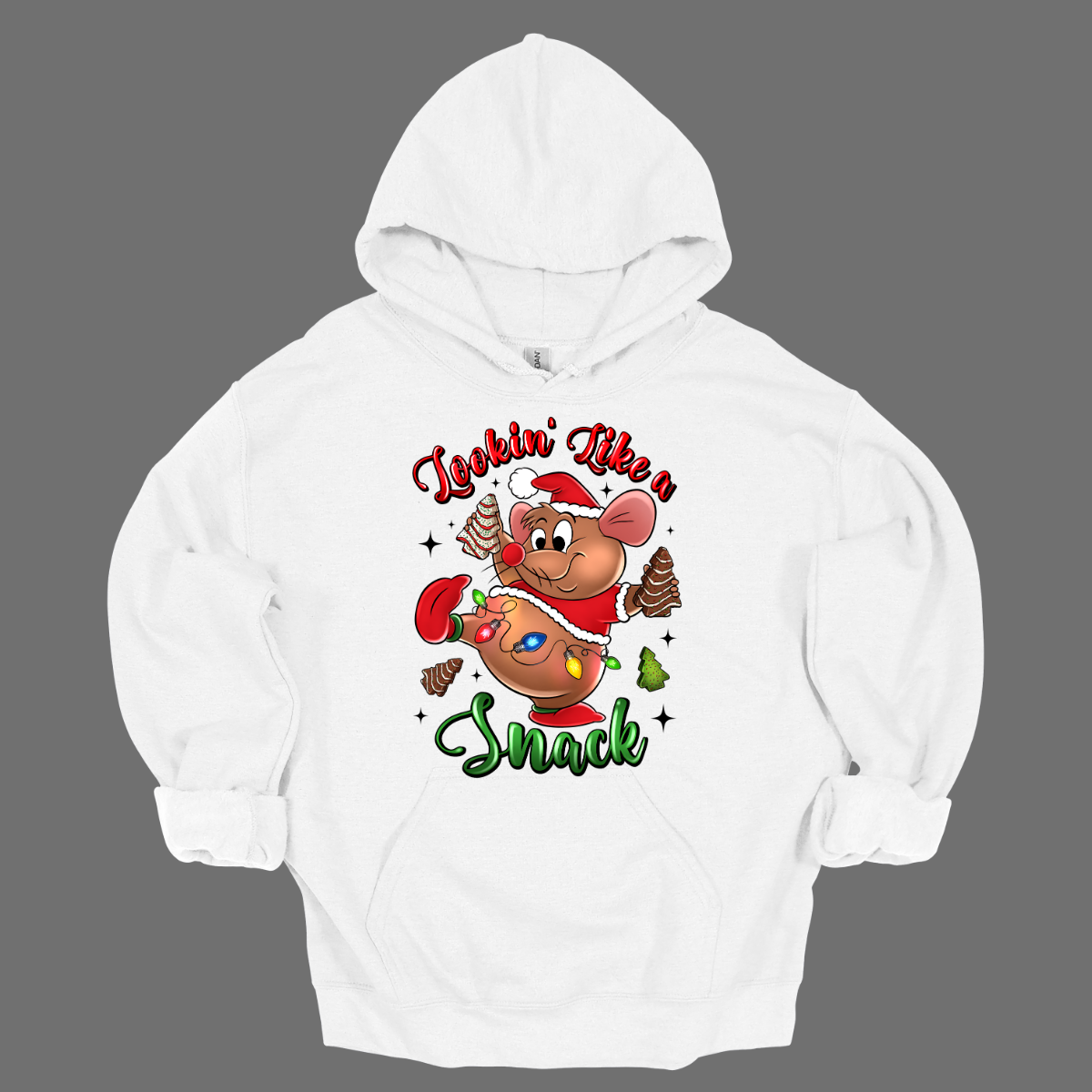 White hoodie with a cartoon mouse, Gus Gus, holding a Christmas snack and text 'Lookin' Like a Snack' on a grey background. Shop at Gorgeousware.com