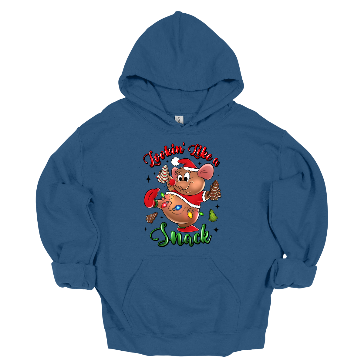Bluehoodie with a cartoon mouse, Gus Gus, holding a Christmas snack and text 'Lookin' Like a Snack' on a white background. Shop at Gorgeousware.com