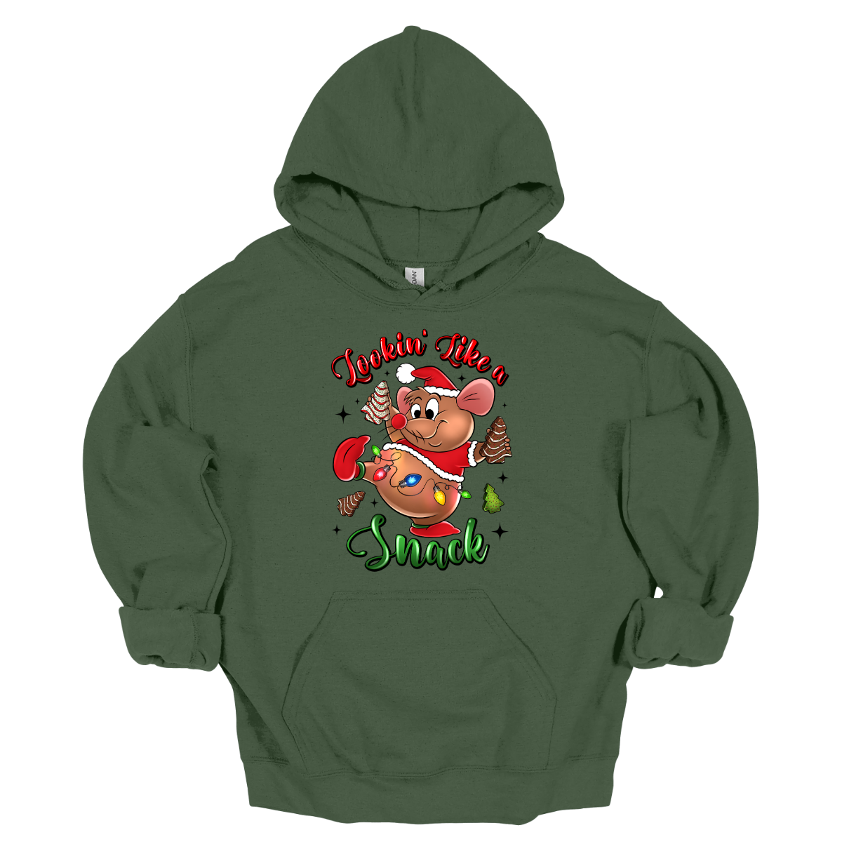 Military Green hoodie with a cartoon mouse, Gus Gus, holding a Christmas snack and text 'Lookin' Like a Snack' on a white background. Shop at Gorgeousware.com