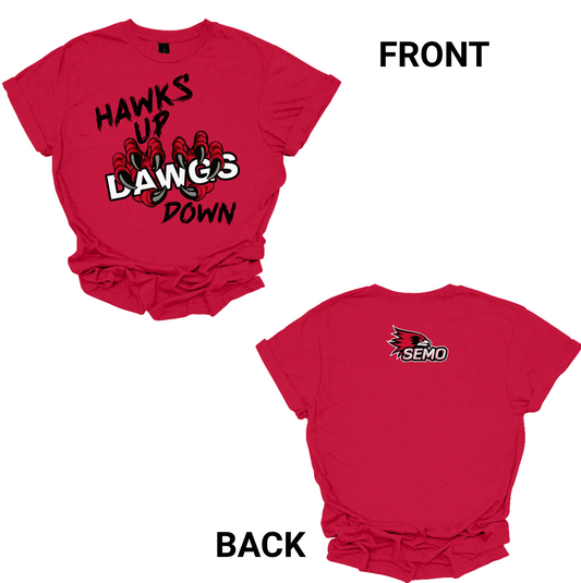 Show your SEMO spirit with our exclusive “Hawks Up, Dawgs Down” design! Available in both short sleeve and long sleeve, this bold piece is a must-have for every Redhawks fan.
The front features striking black lettering that proudly declares “Hawks Up” and “Down”, while fierce Redhawk claws slash through the word “Dawgs” for a powerful rivalry statement. On the upper back center, the fierce SEMO Redhawk logo stands out with SEMO in bold white lettering.
Shop at Gorgeousware.com today!
