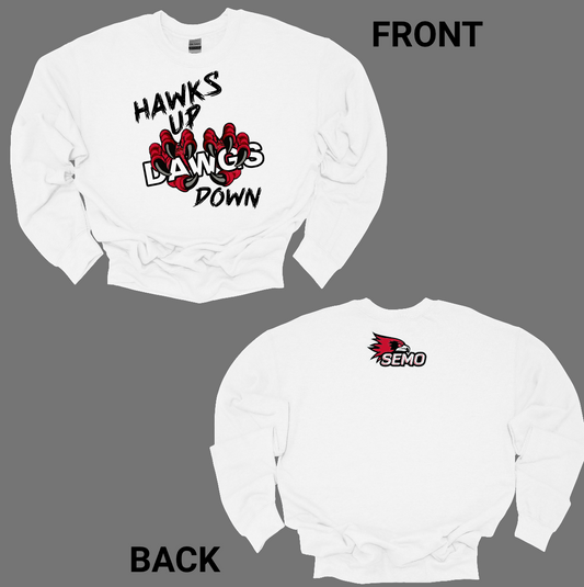Show your SEMO spirit with our exclusive “Hawks Up, Dawgs Down” design! Available in both crewneck and hoodie, this bold piece is a must-have for every Redhawks fan.
The front features striking black lettering that proudly declares “Hawks Up” and “Down”, while fierce Redhawk claws slash through the word “Dawgs” for a powerful rivalry statement. On the upper back center, the fierce SEMO Redhawk logo stands out with SEMO in bold white lettering.
Shop at Gorgeousware.com today!
