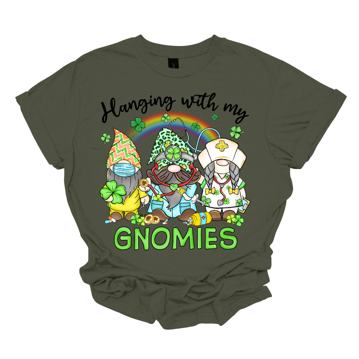 ☘️ "Hanging with my Gnomies" St. Patrick's Day T-shirt: A Tribute to Healthcare Heroes! ☘️  Get into the St. Patrick's Day spirit with our heartwarming and whimsical tee featuring three charming gnomes dressed in healthcare worker apparel, complete with stethoscopes. It's a delightful fusion of Irish cheer and appreciation for the incredible work of our healthcare heroes. Shop at Gorgeousware.com today!