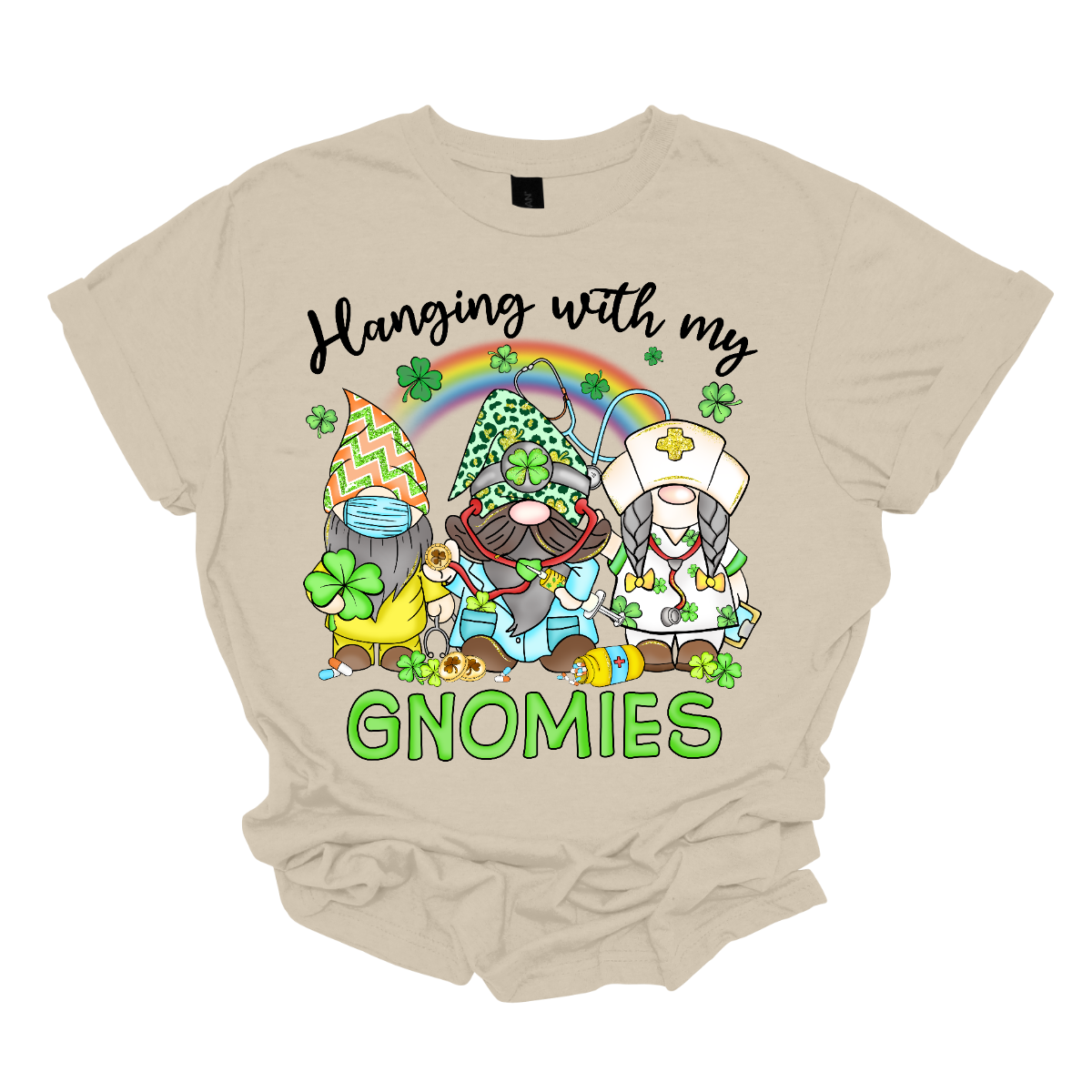 ☘️ "Hanging with my Gnomies" St. Patrick's Day T-shirt: A Tribute to Healthcare Heroes! ☘️  Get into the St. Patrick's Day spirit with our heartwarming and whimsical tee featuring three charming gnomes dressed in healthcare worker apparel, complete with stethoscopes. It's a delightful fusion of Irish cheer and appreciation for the incredible work of our healthcare heroes. Shop at Gorgeousware.com today!