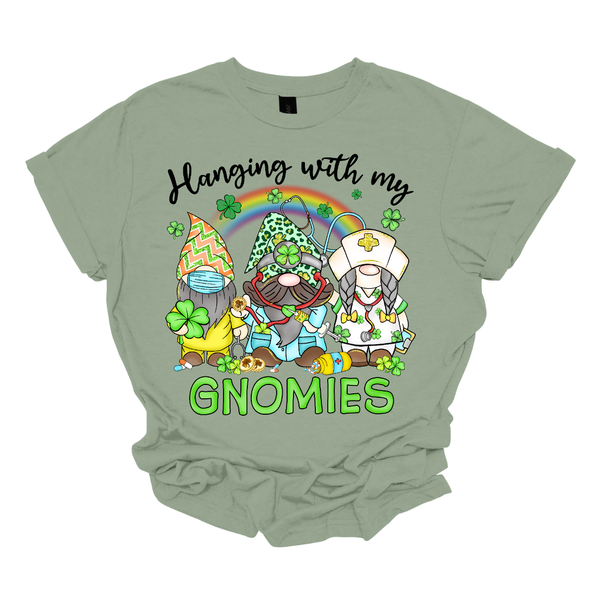 ☘️ "Hanging with my Gnomies" St. Patrick's Day T-shirt: A Tribute to Healthcare Heroes! ☘️  Get into the St. Patrick's Day spirit with our heartwarming and whimsical tee featuring three charming gnomes dressed in healthcare worker apparel, complete with stethoscopes. It's a delightful fusion of Irish cheer and appreciation for the incredible work of our healthcare heroes. Shop at Gorgeousware.com today!