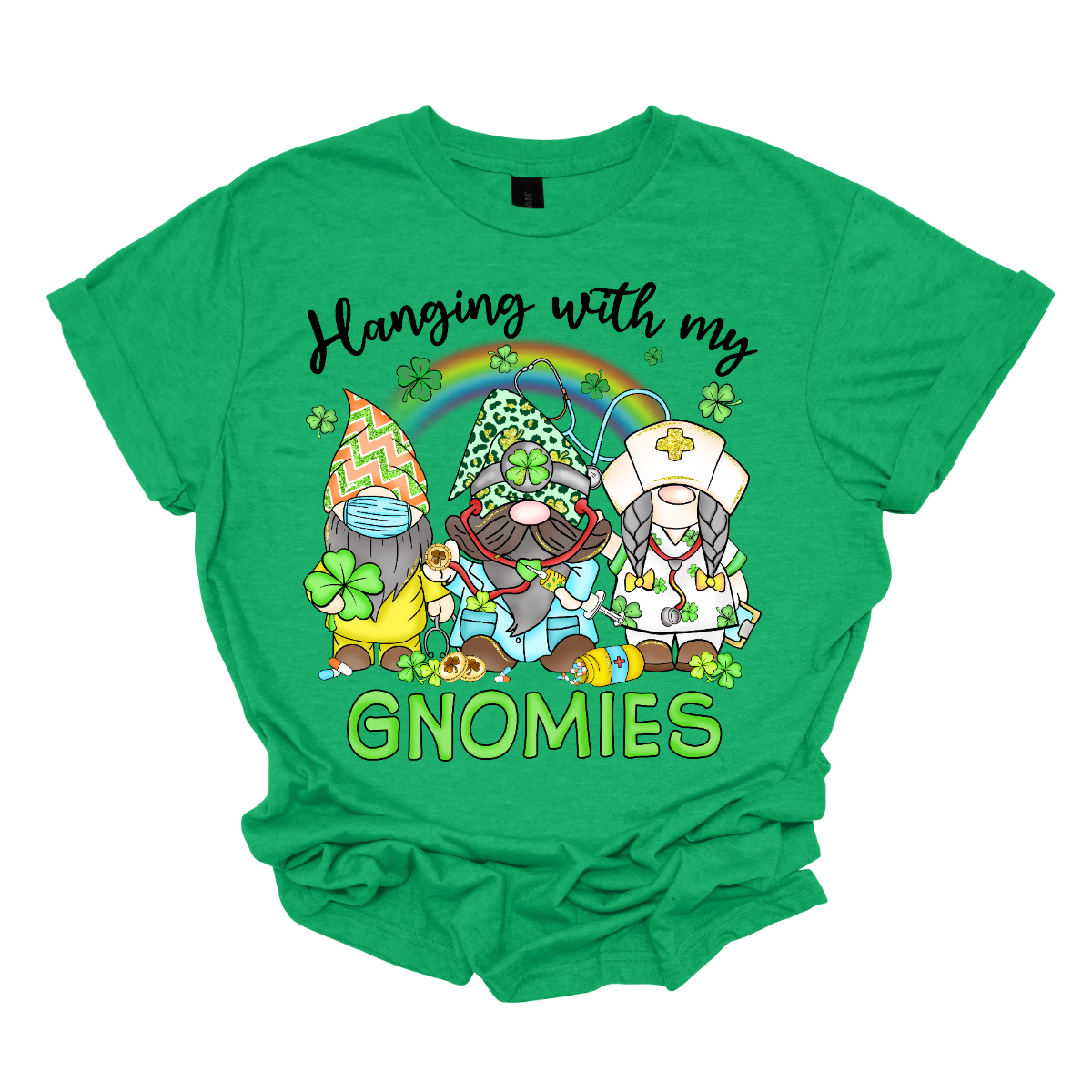 ☘️ "Hanging with my Gnomies" St. Patrick's Day T-shirt: A Tribute to Healthcare Heroes! ☘️  Get into the St. Patrick's Day spirit with our heartwarming and whimsical tee featuring three charming gnomes dressed in healthcare worker apparel, complete with stethoscopes. It's a delightful fusion of Irish cheer and appreciation for the incredible work of our healthcare heroes. Shop at Gorgeousware.com today!