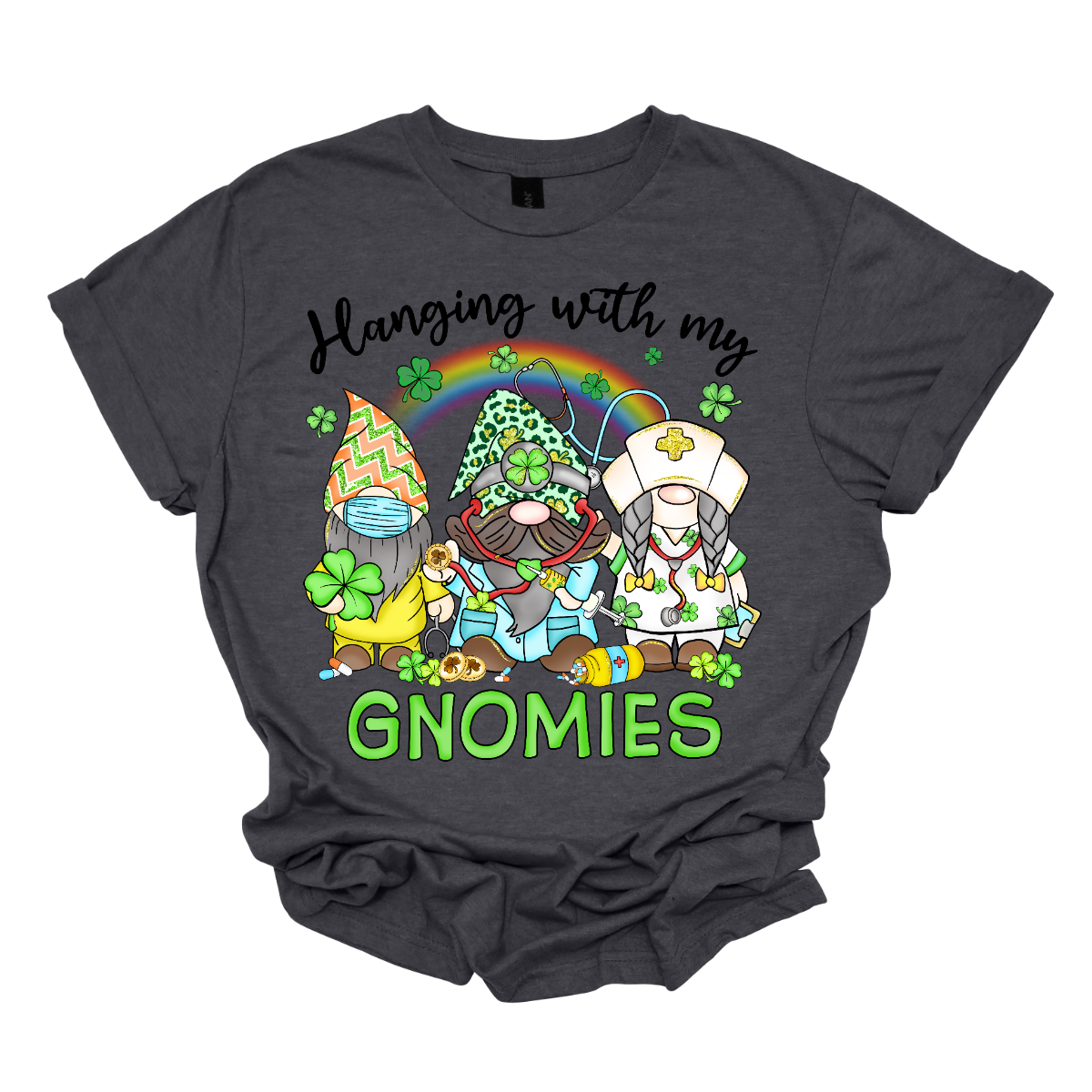 ☘️ "Hanging with my Gnomies" St. Patrick's Day T-shirt: A Tribute to Healthcare Heroes! ☘️  Get into the St. Patrick's Day spirit with our heartwarming and whimsical tee featuring three charming gnomes dressed in healthcare worker apparel, complete with stethoscopes. It's a delightful fusion of Irish cheer and appreciation for the incredible work of our healthcare heroes. Shop at Gorgeousware.com today!