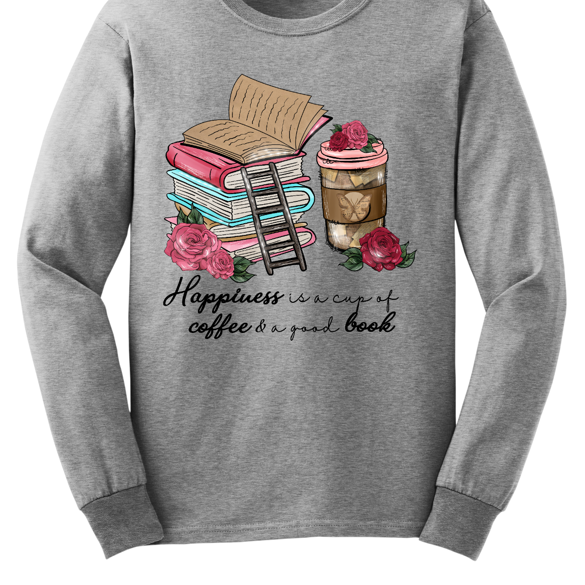 "Happiness is a cup of coffee and a good book" A delightful and cozy garment that celebrates the simple joys of life. This shirt is a perfect ode to those blissful moments when you can unwind with the warmth of a cup of coffee in hand and the company of a captivating book. The design features a charming depiction of a steaming cup of coffee paired with an open book, creating a visual representation of the tranquil happiness that comes from this comforting combination. Shop at Gorgeousware.com