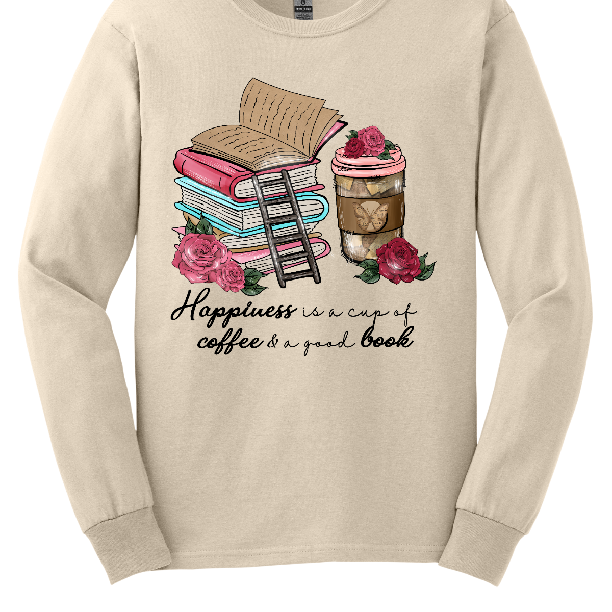 "Happiness is a cup of coffee and a good book" A delightful and cozy garment that celebrates the simple joys of life. This shirt is a perfect ode to those blissful moments when you can unwind with the warmth of a cup of coffee in hand and the company of a captivating book. The design features a charming depiction of a steaming cup of coffee paired with an open book, creating a visual representation of the tranquil happiness that comes from this comforting combination. Shop at Gorgeousware.com