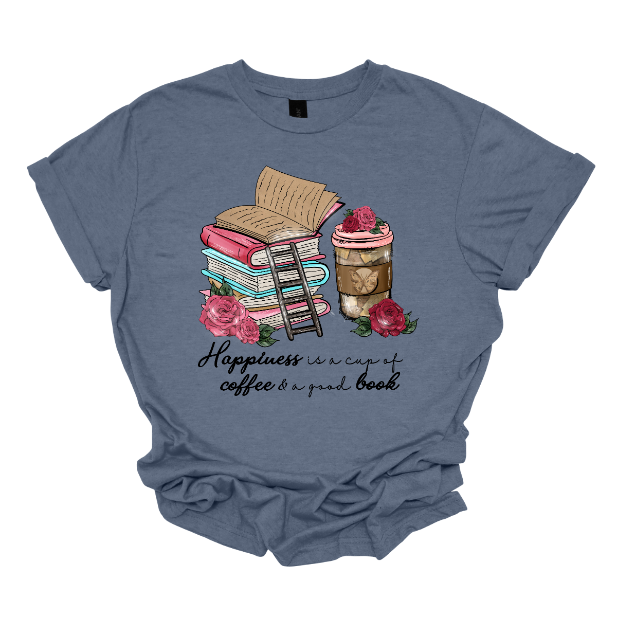 "Happiness is a cup of coffee and a good book" A delightful and cozy garment that celebrates the simple joys of life. This shirt is a perfect ode to those blissful moments when you can unwind with the warmth of a cup of coffee in hand and the company of a captivating book. The design features a charming depiction of a steaming cup of coffee paired with an open book, creating a visual representation of the tranquil happiness that comes from this comforting combination. Shop at Gorgeousware.com