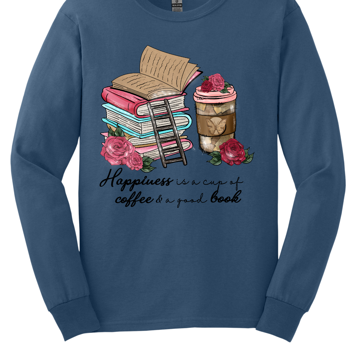 "Happiness is a cup of coffee and a good book" A delightful and cozy garment that celebrates the simple joys of life. This shirt is a perfect ode to those blissful moments when you can unwind with the warmth of a cup of coffee in hand and the company of a captivating book. The design features a charming depiction of a steaming cup of coffee paired with an open book, creating a visual representation of the tranquil happiness that comes from this comforting combination. Shop at Gorgeousware.com