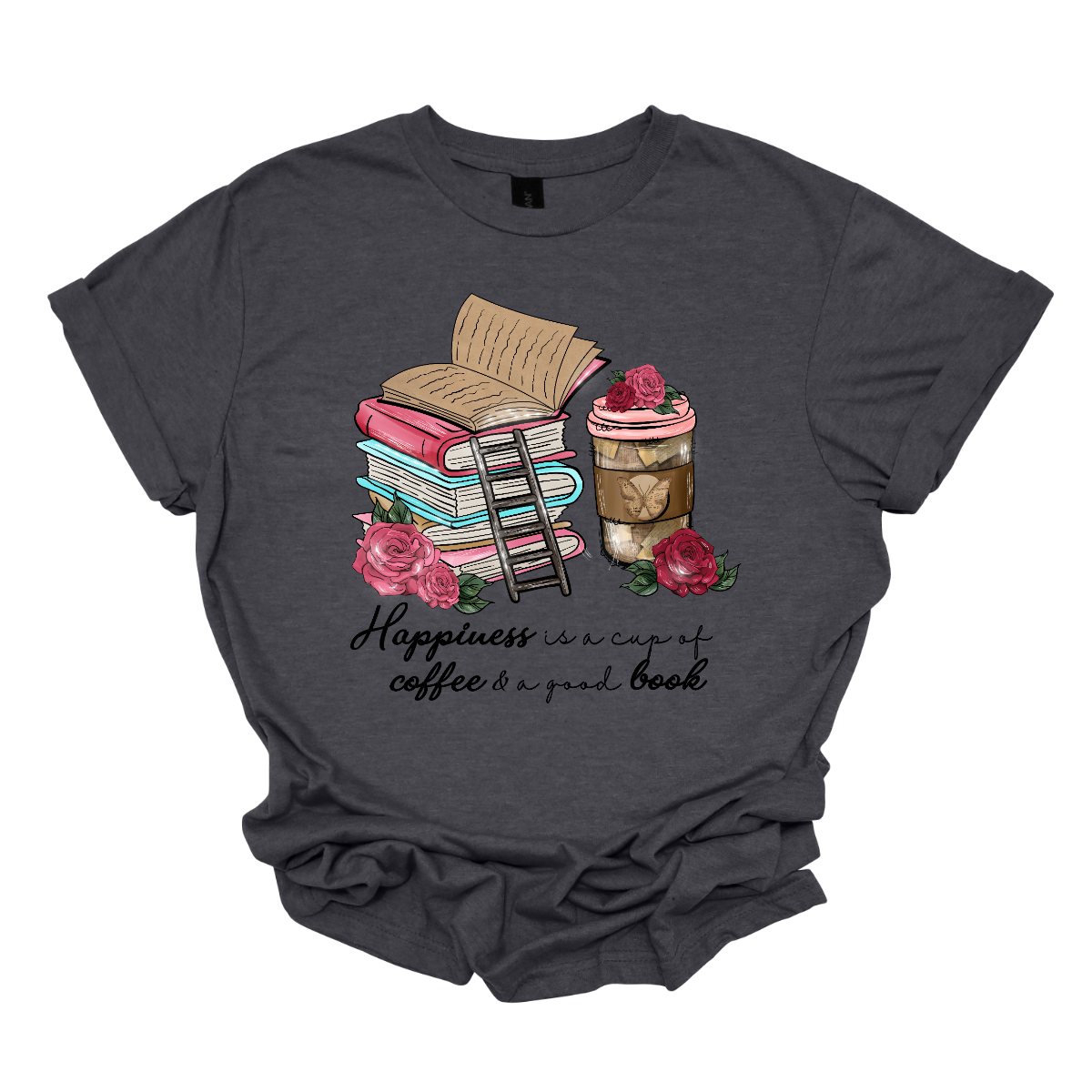 "Happiness is a cup of coffee and a good book" A delightful and cozy garment that celebrates the simple joys of life. This shirt is a perfect ode to those blissful moments when you can unwind with the warmth of a cup of coffee in hand and the company of a captivating book. The design features a charming depiction of a steaming cup of coffee paired with an open book, creating a visual representation of the tranquil happiness that comes from this comforting combination. Shop at Gorgeousware.com