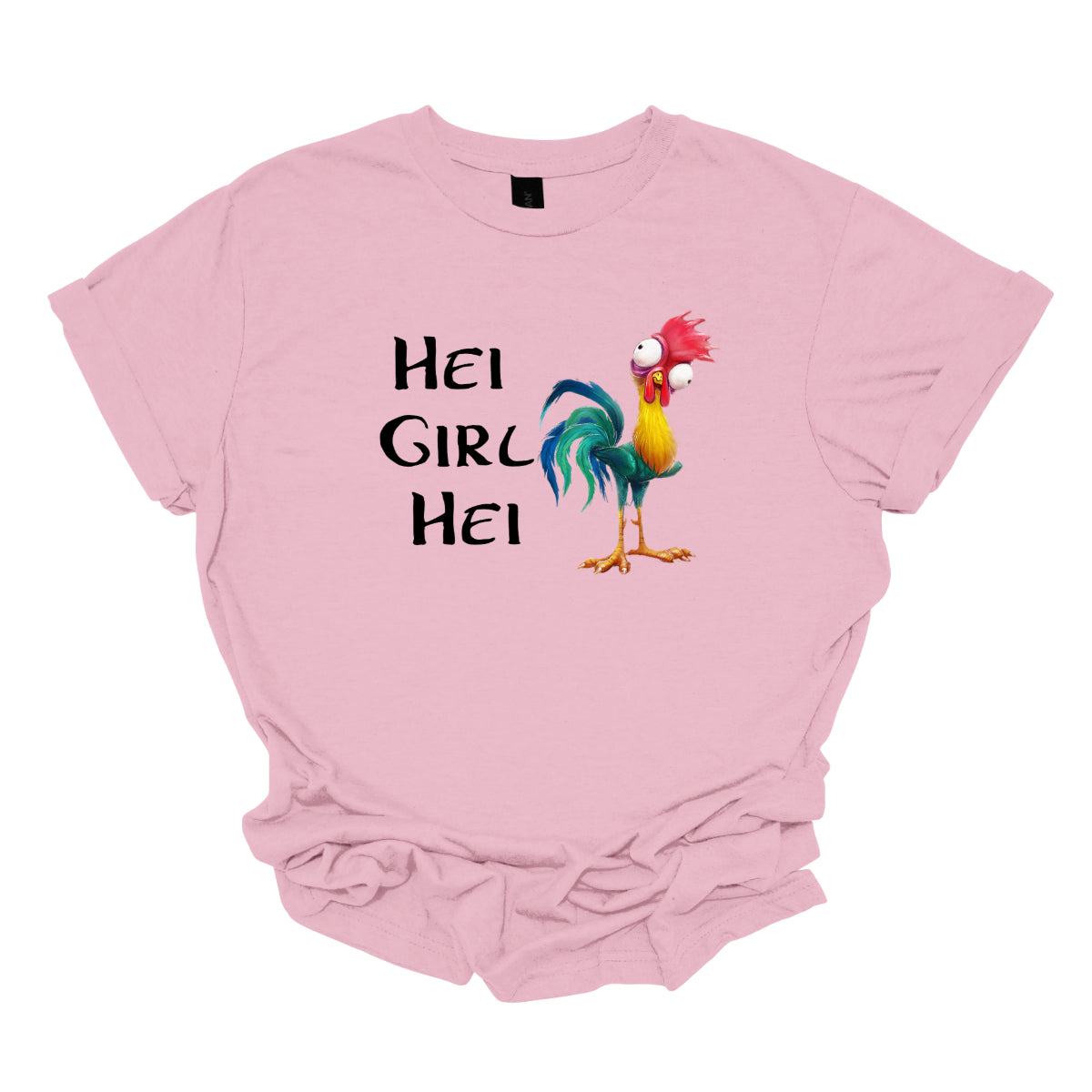 This t-shirt features a playful and vibrant design with the phrase "Hei Girl Hei" emblazoned in a lively, cartoonish black font that adds a fun and energetic touch. The words are arranged in a way that captures attention and conveys a cheerful message.&nbsp;Next to the text is the charming cartoon character Hei Hei from Disney's Moana. Hei Hei is depicted with his usual goofy expression and colorful plumage, bringing a whimsical and endearing element to the design. Shop Gorgeousware.com