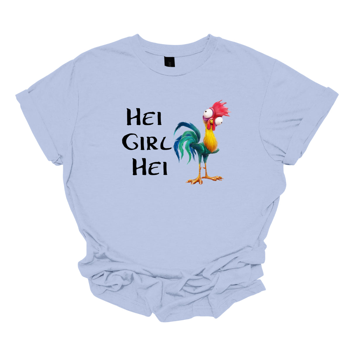 This t-shirt features a playful and vibrant design with the phrase "Hei Girl Hei" emblazoned in a lively, cartoonish black font that adds a fun and energetic touch. The words are arranged in a way that captures attention and conveys a cheerful message.&nbsp;Next to the text is the charming cartoon character Hei Hei from Disney's Moana. Hei Hei is depicted with his usual goofy expression and colorful plumage, bringing a whimsical and endearing element to the design. Shop Gorgeousware.com