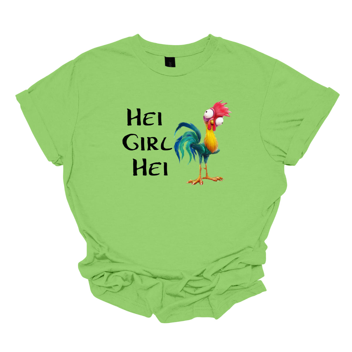 This t-shirt features a playful and vibrant design with the phrase "Hei Girl Hei" emblazoned in a lively, cartoonish black font that adds a fun and energetic touch. The words are arranged in a way that captures attention and conveys a cheerful message.&nbsp;Next to the text is the charming cartoon character Hei Hei from Disney's Moana. Hei Hei is depicted with his usual goofy expression and colorful plumage, bringing a whimsical and endearing element to the design. Shop Gorgeousware.com