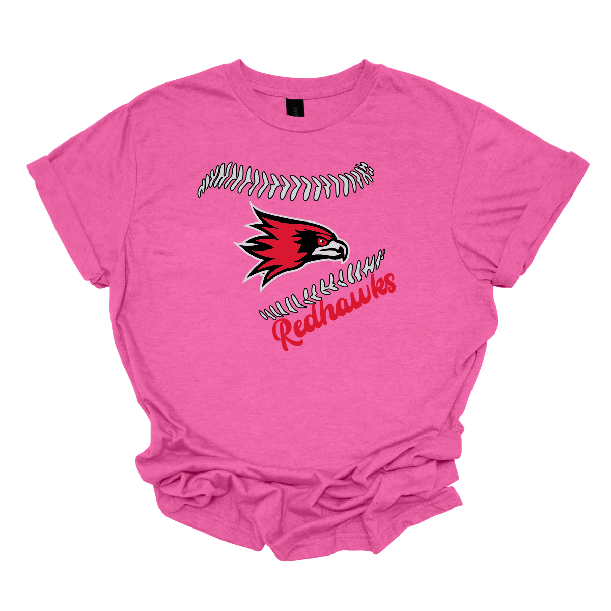 Pink t-shirt with a red hawk logo and 'Redhawks' text on a white background