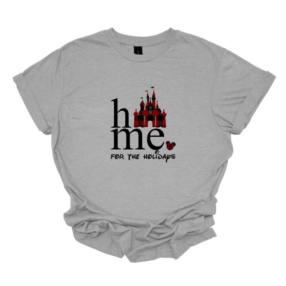 The t-shirt features the festive phrase "Home for the Holidays" with a delightful and whimsical touch. The word "Home" is showcased in a bold, playful font. In place of the "O" in "Home," there is a charming red and black checkerboard princess castle, adding a magical and eye-catching element to the design. Shop Gorgeousware.com