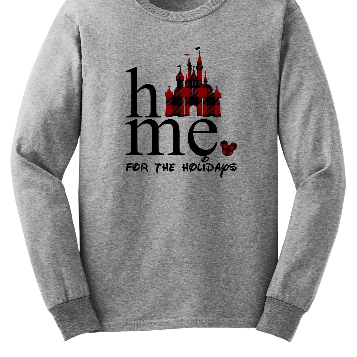 The t-shirt features the festive phrase "Home for the Holidays" with a delightful and whimsical touch. The word "Home" is showcased in a bold, playful font. In place of the "O" in "Home," there is a charming red and black checkerboard princess castle, adding a magical and eye-catching element to the design. Shop Gorgeousware.com