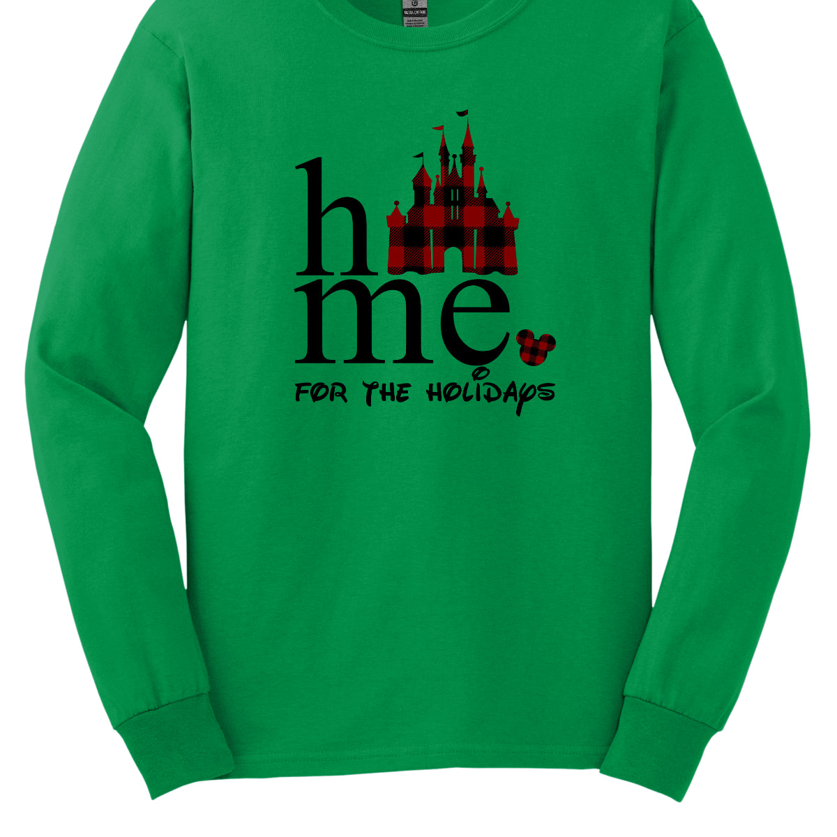 The t-shirt features the festive phrase "Home for the Holidays" with a delightful and whimsical touch. The word "Home" is showcased in a bold, playful font. In place of the "O" in "Home," there is a charming red and black checkerboard princess castle, adding a magical and eye-catching element to the design. Shop Gorgeousware.com