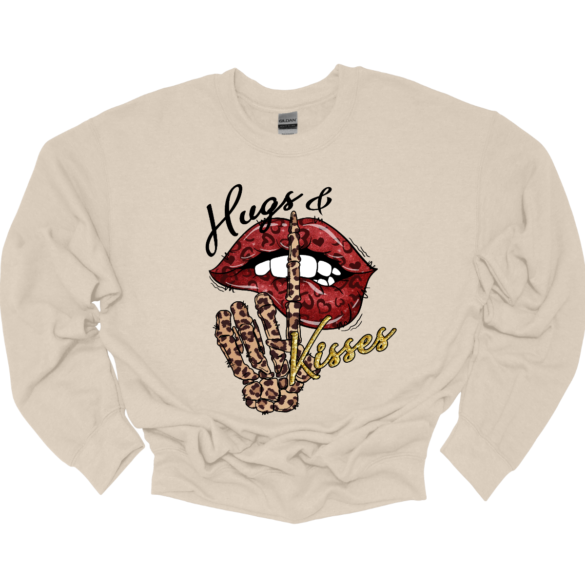 Introducing our "Hugs & Kisses" T-shirt – a sassy and playful garment that combines the sweetness of hugs and kisses with a touch of edgy flair. This shirt features red leopard print lips and a stylish leopard print skeleton holding its finger up to its lips, creating a unique and trendy design. The red leopard print lips add a touch of romance and playfulness, while the leopard print skeleton introduces a chic and edgy element to the overall design. Shop at Gorgeousware.com