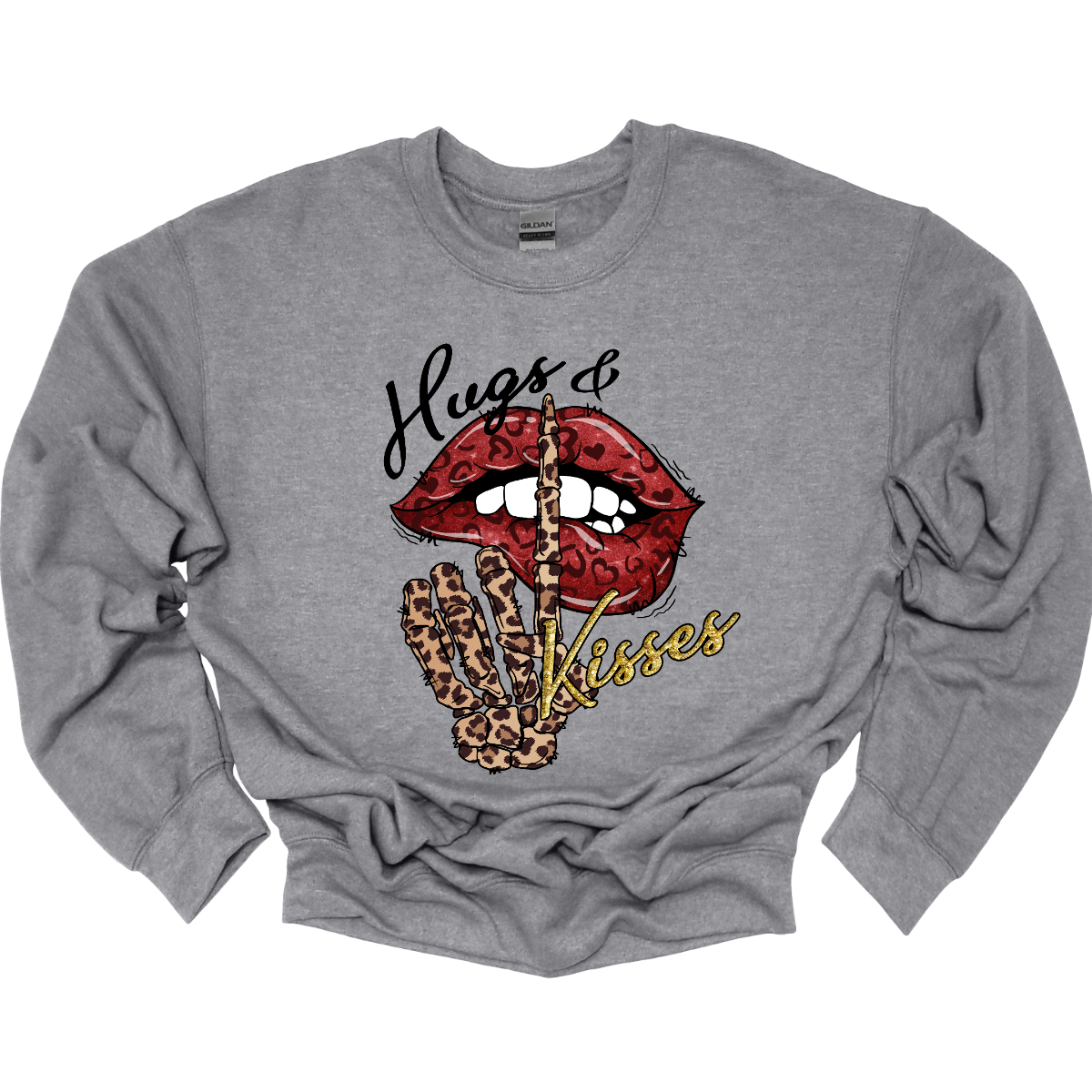 Introducing our "Hugs & Kisses" T-shirt – a sassy and playful garment that combines the sweetness of hugs and kisses with a touch of edgy flair. This shirt features red leopard print lips and a stylish leopard print skeleton holding its finger up to its lips, creating a unique and trendy design. The red leopard print lips add a touch of romance and playfulness, while the leopard print skeleton introduces a chic and edgy element to the overall design. Shop at Gorgeousware.com