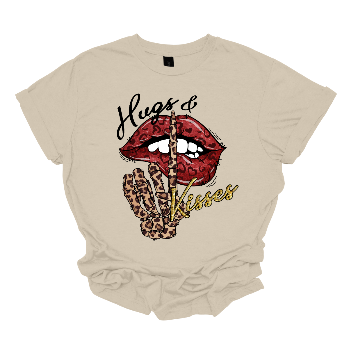 Introducing our "Hugs & Kisses" T-shirt – a sassy and playful garment that combines the sweetness of hugs and kisses with a touch of edgy flair. This shirt features red leopard print lips and a stylish leopard print skeleton holding its finger up to its lips, creating a unique and trendy design. The red leopard print lips add a touch of romance and playfulness, while the leopard print skeleton introduces a chic and edgy element to the overall design. Shop at Gorgeousware.com