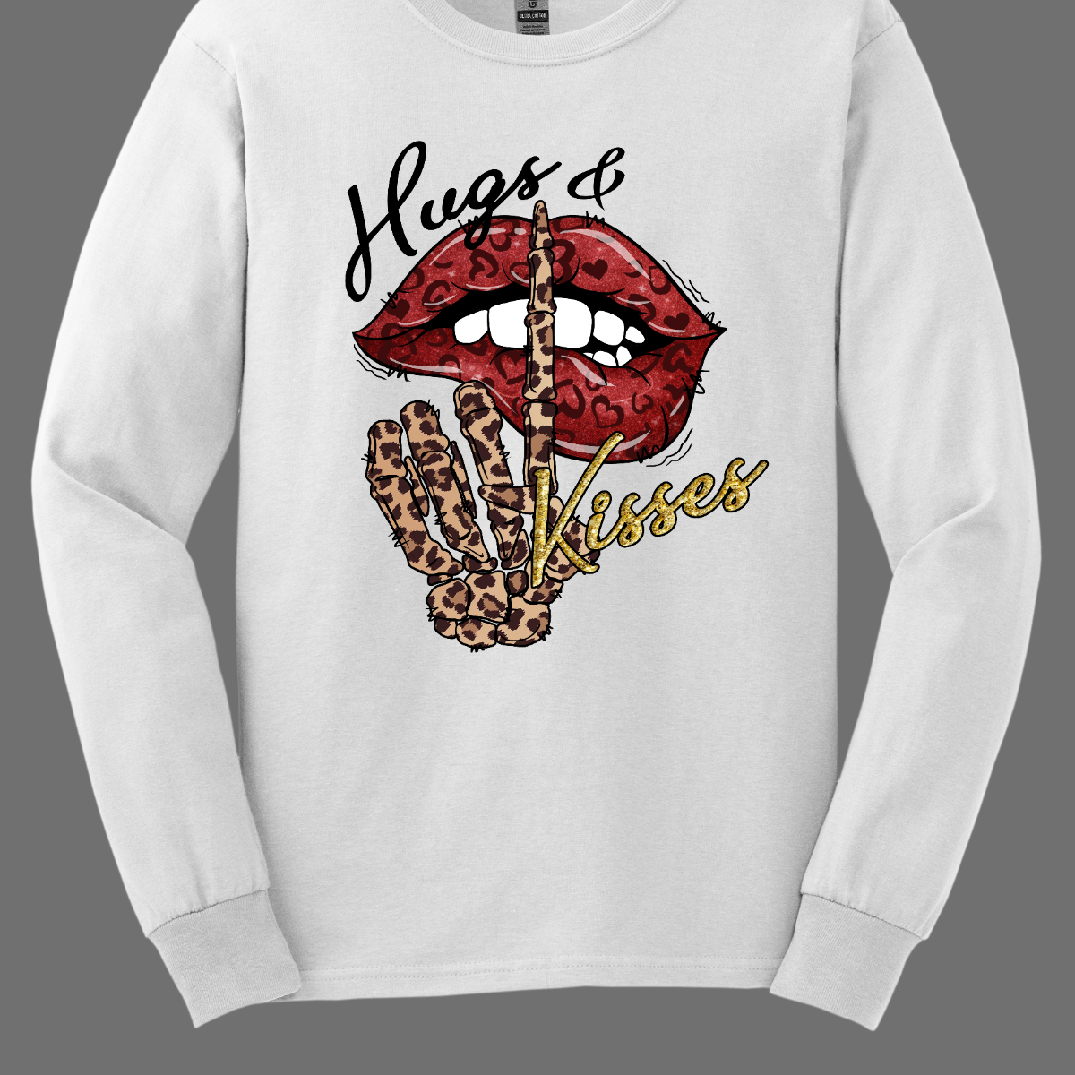 Introducing our "Hugs & Kisses" T-shirt – a sassy and playful garment that combines the sweetness of hugs and kisses with a touch of edgy flair. This shirt features red leopard print lips and a stylish leopard print skeleton holding its finger up to its lips, creating a unique and trendy design. The red leopard print lips add a touch of romance and playfulness, while the leopard print skeleton introduces a chic and edgy element to the overall design. Shop at Gorgeousware.com