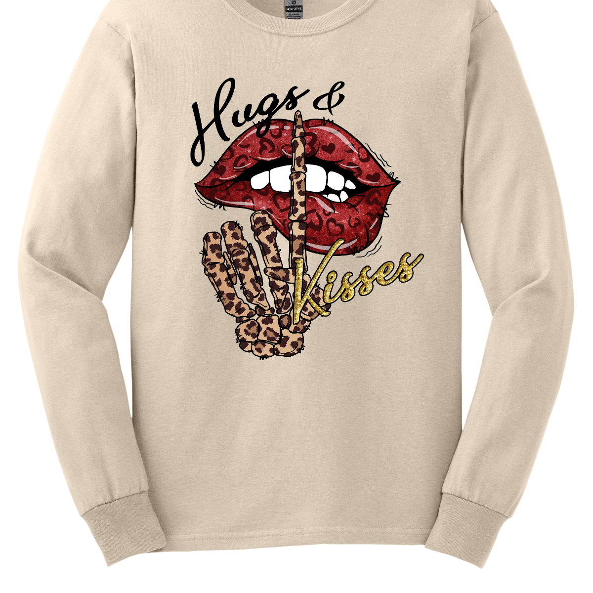 Introducing our "Hugs & Kisses" T-shirt – a sassy and playful garment that combines the sweetness of hugs and kisses with a touch of edgy flair. This shirt features red leopard print lips and a stylish leopard print skeleton holding its finger up to its lips, creating a unique and trendy design. The red leopard print lips add a touch of romance and playfulness, while the leopard print skeleton introduces a chic and edgy element to the overall design. Shop at Gorgeousware.com